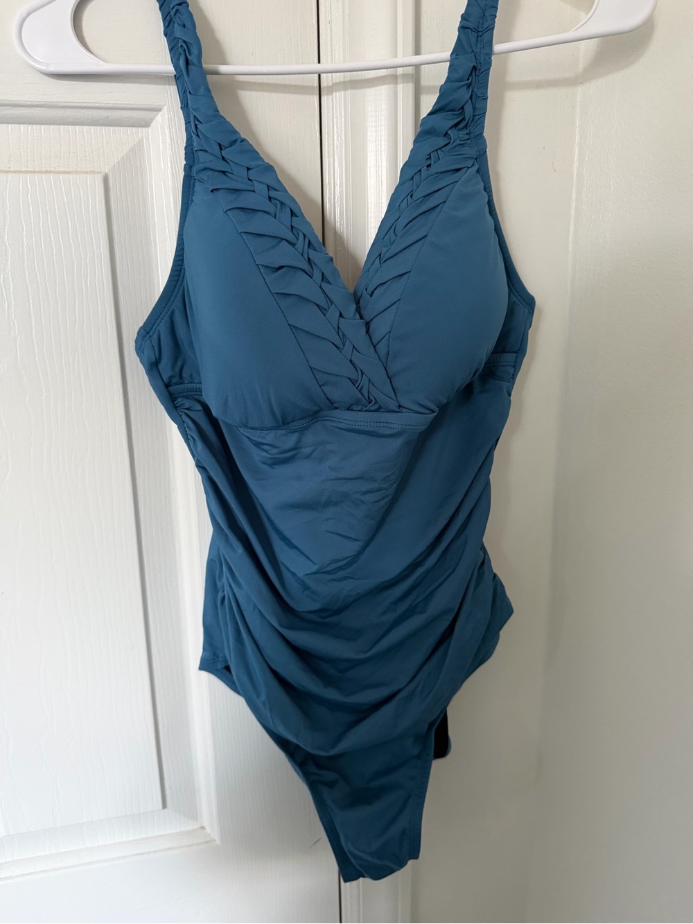 Sculpting Teal One-Piece Swimsuit with Braided V-Neck